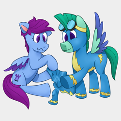 Size: 2000x2000 | Tagged: safe, imported from derpibooru, pegasus, pony, spoiler:my little pony a new generation, clothes, dressing, duo, female, g5, guard, guardsmare, high res, male, mare, my little pony: a new generation, royal guard, simple background, stallion, thunder flap, uniform, wonderbolts uniform, zoom zephyrwing