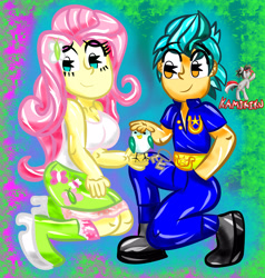 Size: 3000x3150 | Tagged: safe, artist:kamikiku, imported from derpibooru, fluttershy, hitch trailblazer, bird, earth pony, equestria girls, equestria girls-ified, female, g5, high res, kneeling, male, my little pony: a new generation, signature