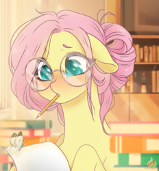 Size: 1559x1683 | Tagged: safe, artist:jvartes6112, imported from derpibooru, fluttershy, butterfly, pegasus, pony, alternate hairstyle, blushing, book, bust, cute, female, floppy ears, glasses, indoors, mare, meganekko, mouth hold, pencil, round glasses, shyabetes, solo