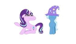 Size: 2581x1496 | Tagged: safe, artist:wolvinof, imported from derpibooru, starlight glimmer, trixie, pony, unicorn, angry, annoyed, blank expression, clothes, cutie mark, deltarune, hat, hidden eyes, meme, simple background, stare, trixie's hat