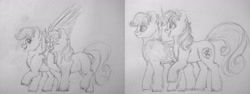 Size: 2558x960 | Tagged: safe, artist:skior, imported from derpibooru, scootaloo, sweetie belle, pony, monochrome, older, traditional art