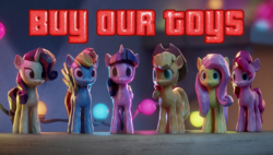 Size: 1377x780 | Tagged: safe, edit, edited screencap, imported from derpibooru, screencap, applejack, fluttershy, pinkie pie, rainbow dash, rarity, twilight sparkle, spoiler:my little pony: a new generation, 3d, buy our toys, g5, mane six, my little pony: a new generation, op is a duck, text