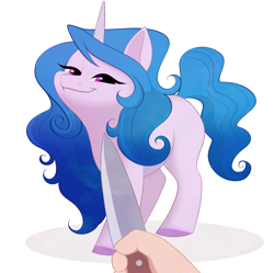 Size: 2563x2550 | Tagged: safe, artist:ecoelus, imported from derpibooru, izzy moonbow, human, pony, unicorn, spoiler:my little pony: a new generation, blue mane, female, g5, high res, horn, knife, knife cat, lidded eyes, long mane, mare, meme, my little pony: a new generation, offscreen character, ponified meme, pov, shadow, simple background, smiling, white background