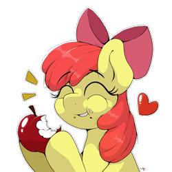 Size: 2154x2154 | Tagged: safe, artist:ljdamz1119, edit, imported from derpibooru, apple bloom, earth pony, pony, apple, bite mark, cheek bulge, eating, emanata, eyes closed, floating heart, food, happy, heart, herbivore, high res, simple background, smiling, solo, transparent background