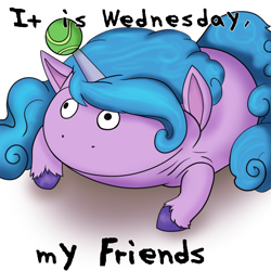 Size: 1360x1360 | Tagged: artist needed, safe, imported from derpibooru, izzy moonbow, frog, pony, unicorn, spoiler:my little pony: a new generation, ball, g5, it is wednesday my dudes, izzy's tennis ball, meme, my little pony: a new generation, ponified meme, solo, tennis ball, wednesday