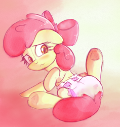 Size: 1214x1280 | Tagged: safe, artist:zalakir, imported from derpibooru, apple bloom, earth pony, pony, blushing, diaper, diaper fetish, female, fetish, filly, non-baby in diaper, solo, spread legs, spreading, underhoof, urine, wet diaper