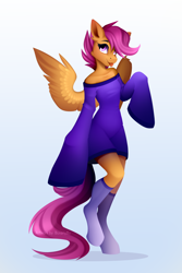 Size: 4724x7087 | Tagged: safe, artist:buvanybu, imported from derpibooru, scootaloo, anthro, pegasus, unguligrade anthro, clothes, dress, equine, female, gradient background, looking at you, solo, tongue out