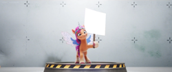 Size: 1280x536 | Tagged: safe, edit, edited screencap, imported from derpibooru, screencap, sunny starscout, earth pony, pony, spoiler:my little pony: a new generation, 3d, blank, braid, eyebrows, fake horn, fake wings, female, g5, hoof hold, mare, meme template, my little pony: a new generation, sign, smiling, solo, standing, unshorn fetlocks