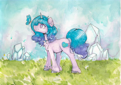 Size: 7015x4960 | Tagged: safe, artist:lightisanasshole, imported from derpibooru, izzy moonbow, butterfly, pony, unicorn, spoiler:my little pony: a new generation, absurd resolution, bracelet, cheek fluff, chest fluff, crystal, cutie mark, dandelion, ear fluff, ear piercing, earring, female, g5, grass, grass field, hoof fluff, hooves, jewelry, leaning, leaning forward, leg fluff, looking at something, looking up, mare, marker drawing, my little pony: a new generation, necklace, outdoors, piercing, profile, smiling, solo, standing, traditional art, unshorn fetlocks, watercolor painting