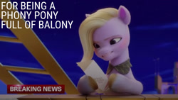 Size: 1280x720 | Tagged: safe, edit, edited screencap, editor:quoterific, imported from derpibooru, screencap, pegasus, pony, spoiler:g5, spoiler:my little pony: a new generation, 3d, a phony pony full of baloney, breaking news, dazzle feather, female, g5, hoof hold, mare, misspelling, my little pony: a new generation, reading, solo, unshorn fetlocks