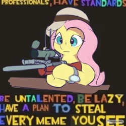 Size: 802x802 | Tagged: safe, artist:drafthoof, imported from derpibooru, fluttershy, pegasus, pony, caption, expand dong, exploitable meme, gun, image macro, meme, rifle, sniper, sniper rifle, snipershy, solo, team fortress 2, weapon