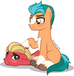 Size: 1090x1117 | Tagged: safe, artist:stellardusk, imported from derpibooru, hitch trailblazer, sprout cloverleaf, earth pony, pony, blaze (coat marking), blushing, coat markings, facial markings, g5, gay, hitchsprout, lying down, male, my little pony: a new generation, puppy dog eyes, shipping, simple background, sitting, socks (coat markings), stallion