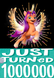 Size: 1024x1488 | Tagged: safe, editor:horsesplease, imported from derpibooru, sunny starscout, alicorn, series:immortality is a hitch, spoiler:my little pony: a new generation, alicornified, caption, expand dong, exploitable meme, future, g5, good end, image macro, immortal, immortality, meme, million, my little pony: a new generation, race swap, sunnycorn