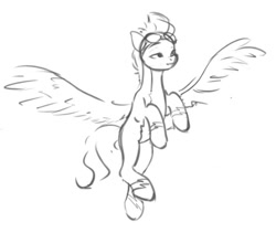 Size: 587x496 | Tagged: safe, artist:appletree_at, artist:armud_am, imported from derpibooru, zipp storm, pegasus, pony, clothes, flying, g5, monochrome, solo, uniform, wonderbolts uniform