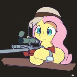 Size: 1000x1001 | Tagged: safe, artist:drafthoof, imported from derpibooru, fluttershy, pegasus, pony, bust, female, gun, hat, mare, rifle, simple background, sniper, sniper rifle, snipershy, solo, team fortress 2, three quarter view, watch, weapon, wristwatch