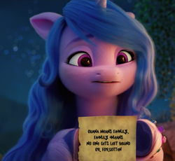 Size: 875x804 | Tagged: safe, edit, edited screencap, imported from derpibooru, screencap, izzy moonbow, pony, unicorn, spoiler:my little pony: a new generation, 3d, cropped, female, g5, lilo and stitch, mare, movie reference, my little pony: a new generation, reference, solo, text edit