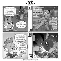 Size: 1200x1200 | Tagged: safe, artist:vavacung, imported from derpibooru, queen chrysalis, spike, dragon, insect, moth, pony, comic:out of chrysalis, biting, comic, crossover, female, male, monochrome, species swap, spider-man