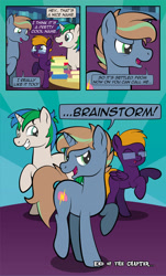 Size: 1920x3169 | Tagged: safe, artist:alexdti, imported from derpibooru, oc, oc only, oc:brainstorm (alexdti), oc:purple creativity, oc:star logic, pegasus, pony, unicorn, comic:quest for friendship, ^^, bipedal, blue eyes, book, comic, dialogue, eyes closed, female, folded wings, glasses, green eyes, horn, male, mare, open mouth, open smile, pegasus oc, raised hoof, raised leg, rearing, shadow, smiling, speech bubble, stallion, standing, standing on two hooves, tail, trio, twilight's castle, two toned mane, two toned tail, unicorn oc, wings