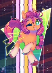 Size: 2480x3508 | Tagged: safe, artist:wavecipher, imported from derpibooru, sunny starscout, earth pony, pony, spoiler:my little pony: a new generation, abstract background, cute, female, g5, high res, looking at you, mare, my little pony: a new generation, one eye closed, open mouth, smiling, smiling at you, solo, sunnybetes, triangle, white pupils, wink, winking at you