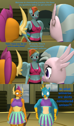 Size: 1920x3240 | Tagged: safe, artist:papadragon69, imported from derpibooru, gallus, rainbow dash, silverstream, smolder, anthro, 2 4 6 greaaat, 3d, belly button, cheerleader, cheerleader gallus, cheerleader outfit, clothes, comic, crossdressing, skirt, source filmmaker