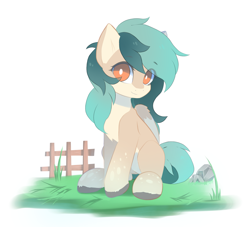 Size: 2463x2240 | Tagged: safe, alternate version, artist:jfrxd, imported from derpibooru, oc, oc only, oc:peacher, pegasus, pony, alternate character, female, fence, grass, high res, looking at you, mare, orange eyes, sitting, smiling, smiling at you, solo, white pupils