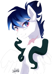 Size: 2480x3507 | Tagged: safe, artist:charlot, imported from derpibooru, oc, oc only, oc:cogwheel snowflake, pegasus, pony, eye clipping through hair, eyebrows, eyebrows visible through hair, female, high res, looking at you, mare, pegasus oc, scar, simple background, smiling, smiling at you, solo, spread wings, white background, wings