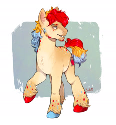 Size: 1920x2082 | Tagged: safe, artist:birdoffnorth, imported from derpibooru, oc, oc only, oc:hill sprint, earth pony, pony, coat markings, commission, magical lesbian spawn, male, multicolored hooves, offspring, parent:applejack, parent:rainbow dash, parents:appledash, solo, stallion, unshorn fetlocks