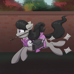 Size: 4000x4000 | Tagged: safe, artist:confetticakez, imported from derpibooru, octavia melody, earth pony, pony, bag, bow (instrument), clothes, equestria girls outfit, late, mouth hold, running, saddle bag, schoolgirl toast, sheet music, solo