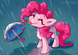 Size: 1000x707 | Tagged: safe, artist:chaosangeldesu, imported from derpibooru, pinkie pie, earth pony, pony, chest fluff, cute, diapinkes, happy, puddle, rain, rain drops, sketch, solo, tongue out, umbrella