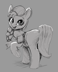 Size: 725x904 | Tagged: source needed, safe, artist:xbi, imported from derpibooru, sunny starscout, earth pony, pony, spoiler:my little pony: a new generation, bag, female, g5, gray background, grayscale, harness, looking at you, looking back, mare, monochrome, my little pony: a new generation, simple background, solo, tack