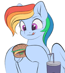 Size: 1853x2057 | Tagged: safe, artist:vetta, imported from derpibooru, rainbow dash, pegasus, pony, burger, drink, drinking straw, food, herbivore, hoof hold, licking, licking lips, simple background, solo, tongue out, veggie burger, white background