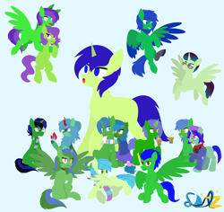 Size: 9422x8905 | Tagged: safe, artist:samsailz, imported from derpibooru, oc, oc:alope ruby aspendale, oc:kosmos, oc:lex rudera, oc:omega(phosphorshy), oc:raulix evergreen, earth pony, kirin, pegasus, pony, unicorn, :o, :p, carrying, clone, cute, fire, flying, green coat, multeity, multiple oc, open mouth, tongue out, wings