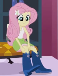 Size: 439x569 | Tagged: safe, imported from derpibooru, screencap, fluttershy, equestria girls, equestria girls (movie), boots, carousel boutique, clothes, shoes, sleeveless, solo, tanktop