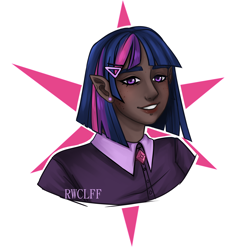 Size: 3000x3000 | Tagged: safe, artist:rowcliffe, imported from derpibooru, twilight sparkle, human, clothes, dark skin, elf ears, female, grin, high res, humanized, shirt, simple background, smiling, solo, white background