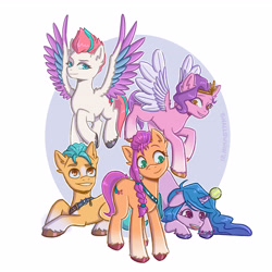 Size: 4724x4724 | Tagged: safe, artist:shallowwin, imported from derpibooru, hitch trailblazer, izzy moonbow, pipp petals, sunny starscout, zipp storm, earth pony, pegasus, pony, unicorn, spoiler:my little pony: a new generation, absurd resolution, badge, bag, ball, belt, blaze (coat marking), braid, coat markings, cute, face down ass up, facial markings, female, floppy ears, flying, g5, grin, group, izzy's tennis ball, male, mane five (g5), mare, markings, my little pony: a new generation, open mouth, open smile, quintet, sheriff's badge, siblings, signature, sisters, smiling, socks (coat markings), spread wings, stallion, tennis ball, unshorn fetlocks, wings, wrong eye color, yellow eyes, yellow-eyed pipp