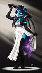 Size: 1500x2608 | Tagged: safe, artist:king-kakapo, imported from derpibooru, oc, oc only, oc:sage boline, anthro, unguligrade anthro, unicorn, bat wings, bayonetta, boots, breasts, cleavage, clothes, commission, confident, dress, evening gloves, flirting, gloves, hat, jewelry, long gloves, madame mirage, necklace, pearl necklace, sexy, shoes, socks, solo, spotlight, stockings, thigh highs, wings, witch