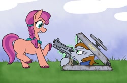 Size: 1088x715 | Tagged: safe, artist:jargon scott, imported from derpibooru, sunny starscout, oc, oc:littlepip, earth pony, pony, unicorn, fallout equestria, spoiler:my little pony: a new generation, 10mm pistol, braid, cloud, duo, duo female, female, g5, glowing, glowing horn, grass, green eyes, gun, handgun, horn, looking at each other, magic, mare, my little pony: a new generation, open mouth, pipboy, pistol, standing, tail, teal eyes, telekinesis, unicorn oc, unshorn fetlocks, weapon