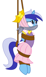 Size: 2270x3802 | Tagged: safe, artist:radiantrealm, edit, imported from derpibooru, minuette, pony, unicorn, arm behind back, bondage, bound and gagged, cloth gag, clothes, costume, crown, damsel in distress, female, gag, high res, jewelry, mare, over the nose gag, regalia, rope, rope bondage, simple background, solo, suspended, suspension bondage, tied up, unicorn tribe, white background