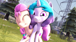 Size: 3840x2160 | Tagged: safe, artist:marianokun, imported from derpibooru, izzy moonbow, sunny starscout, earth pony, unicorn, spoiler:my little pony: a new generation, 3d, g5, happy, high res, my little pony: a new generation, power line, smiling, source filmmaker