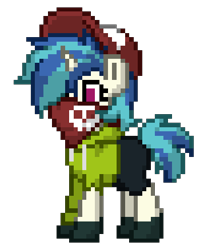 Size: 364x438 | Tagged: dead source, safe, imported from derpibooru, dj pon-3, vinyl scratch, pony, unicorn, pony town, alter ego, alternate design, alternate hairstyle, bandana, baseball cap, cap, clothes, hat, hoodie, ripped sleeves, shorts, simple background, skull, solo, transparent background