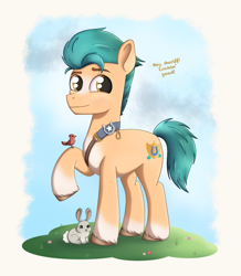 Size: 1720x1976 | Tagged: safe, artist:dyonys, imported from derpibooru, hitch trailblazer, bird, earth pony, pony, rabbit, spoiler:my little pony: a new generation, accessory, animal, blushing, coat markings, critter magnet, cute, g5, hitchbetes, male, my little pony: a new generation, offscreen character, raised eyebrow, raised hoof, smiling, solo, stallion, standing, text, unshorn fetlocks