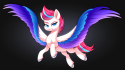 Size: 1121x627 | Tagged: safe, artist:scarlet-spectrum, imported from derpibooru, zipp storm, pegasus, pony, spoiler:my little pony: a new generation, black background, colored pupils, female, g5, looking at you, mare, my little pony: a new generation, simple background, smiling, solo, spread wings, wings