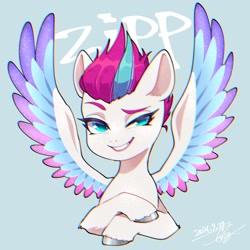 Size: 1631x1631 | Tagged: safe, artist:bbtasu, imported from derpibooru, zipp storm, pegasus, pony, spoiler:my little pony: a new generation, bust, female, g5, lidded eyes, looking at you, mare, my little pony: a new generation, simple background, smiling, solo, spread wings, text, wings
