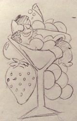 Size: 2511x3947 | Tagged: safe, anonymous artist, imported from derpibooru, berry punch, berryshine, earth pony, pony, alcohol, drunk, female, food, glass, go home you're drunk, grapes, high res, mare, martini, monochrome, sleeping, smiling, solo, strawberry, traditional art, wine glass