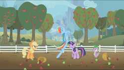 Size: 1360x768 | Tagged: safe, imported from derpibooru, screencap, applejack, rainbow dash, spike, twilight sparkle, dragon, earth pony, pegasus, pony, unicorn, season 1, the ticket master, apple, apple tree, applejack's hat, basket, cowboy hat, eyes closed, female, fence, food, frown, great moments in animation, grin, hat, male, mare, smear frame, smiling, tree, unicorn twilight, wat