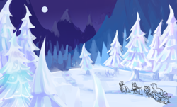 Size: 3856x2323 | Tagged: safe, artist:marbo, imported from ponybooru, oc, oc:crackling fire, oc:evergreen, oc:pine needle, oc:pine ponder, oc:snow glide, pony, /mlp/, clothes, coat, crystal forest, crystal spruce, crystal tree, female, filly, full moon, mare, moon, mountain, night, sled, snow, snowpony (species), spear, taiga pony, tree, weapon, wip