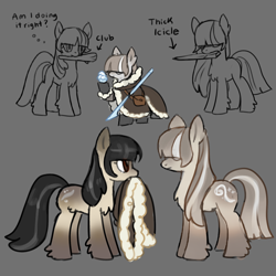 Size: 1500x1500 | Tagged: safe, artist:marbo, imported from ponybooru, oc, oc only, oc:cold shoulder, oc:ice elation, pony, /mlp/, bangs, chest fluff, clothes, club, coat, coat markings, crystal pinecone, female, fluffy, gray background, hoof fluff, ice spear, looking at each other, pale belly, pinecone, reference sheet, siblings, simple background, sisters, snowpony (species), socks (coat marking), spear, taiga pony, weapon, yakutian horse