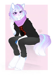 Size: 905x1280 | Tagged: safe, artist:kyotoleopard, imported from ponybooru, oc, oc only, anthro, unguligrade anthro, anthro oc, blushing, clothes, female, jacket, mare, pants, scarf, sitting, solo, unshorn fetlocks