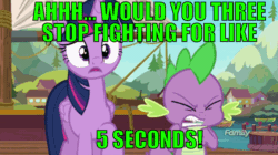 Size: 960x539 | Tagged: safe, edit, edited screencap, editor:undeadponysoldier, imported from ponybooru, screencap, spike, twilight sparkle, alicorn, dragon, ahhh, angry, animated, dock, duo, edited gif, episode needed, explanation in the description, female, gif, implied applejack, implied fight, implied pinkie pie, implied rarity, male, mare, offscreen character, pier, scared, screaming, shrunken pupils, twilight sparkle (alicorn), wide eyes, yelling