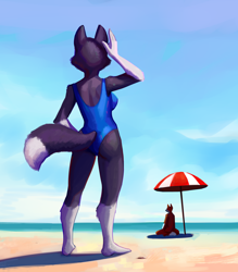 Size: 1280x1463 | Tagged: safe, artist:mortarionlordofdeath, imported from derpibooru, oc, oc only, oc:blue (princebluemoon3), abyssinian, anthro, cat, abyssinian oc, beach, breasts, butt, clothes, commissioner:bigonionbean, female, furry, furry oc, not pony related, rule 63, swimsuit, writer:bigonionbean